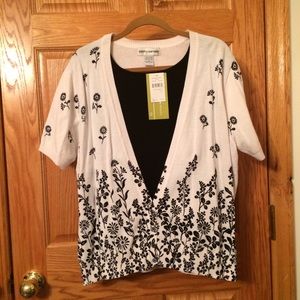 Black and white twill two-fer short-sleeve sweater